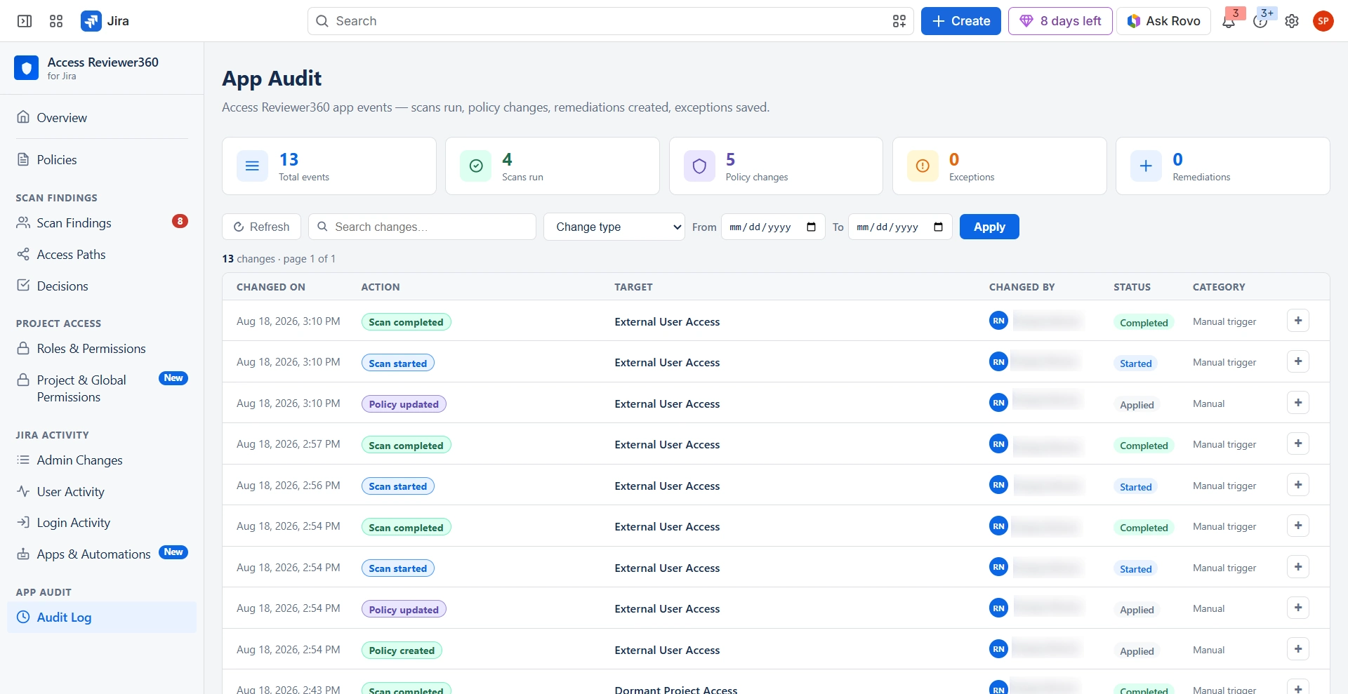 Access Reviewer360 App Audit log page