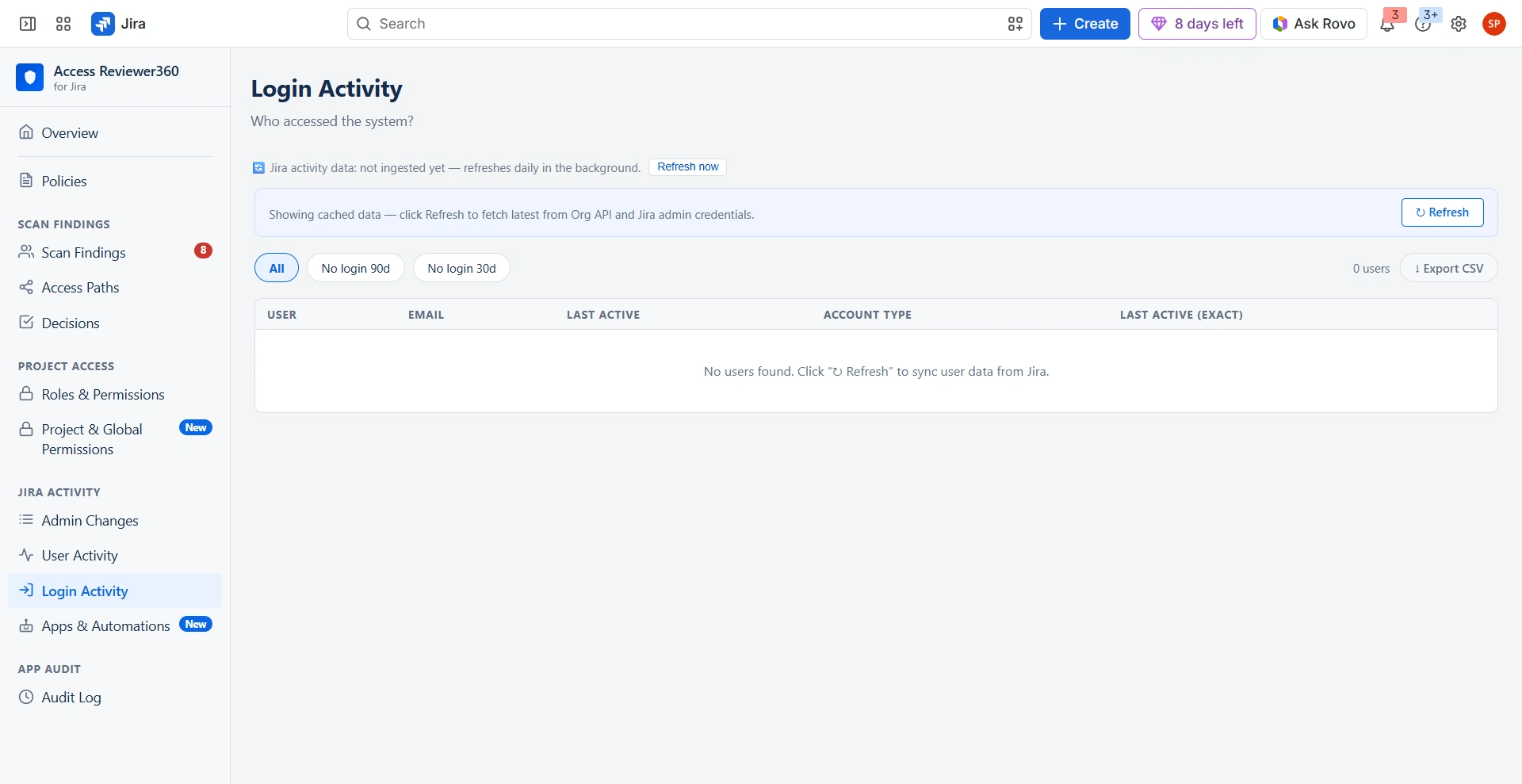 Access Reviewer360 Login Activity page