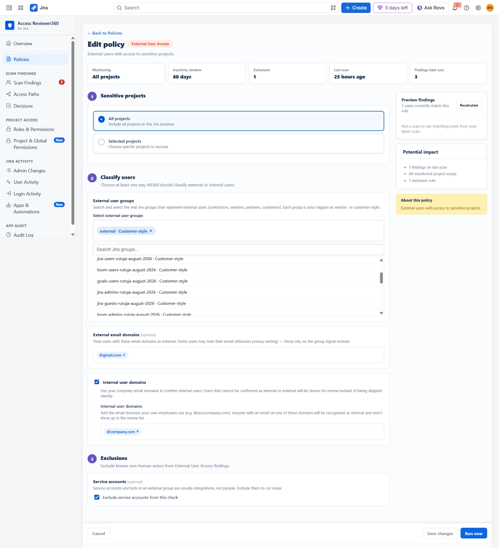 Access Reviewer360 Create Policy — External User Access
