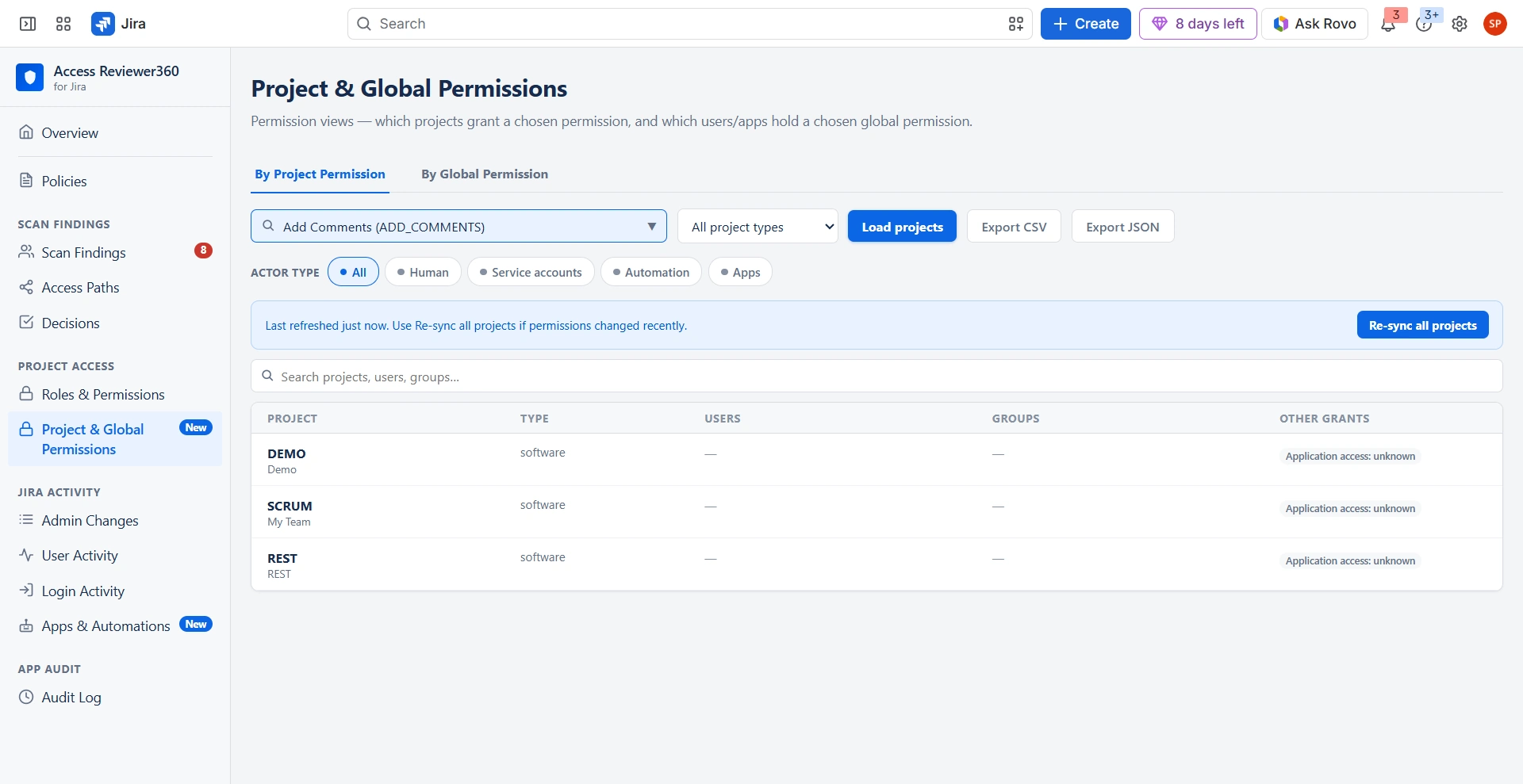 Access Reviewer360 Project and Global Permissions page