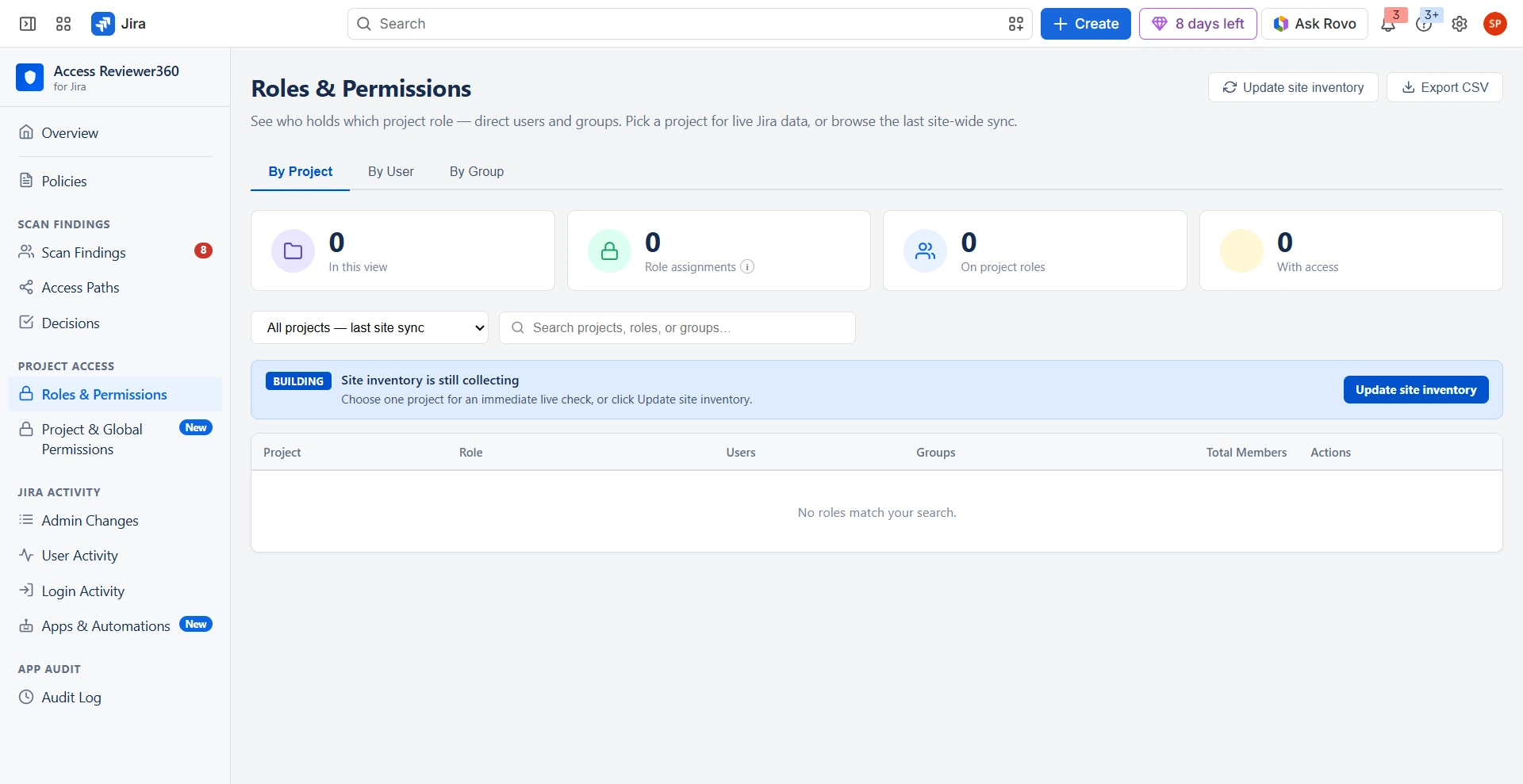 Access Reviewer360 Roles and Permissions page