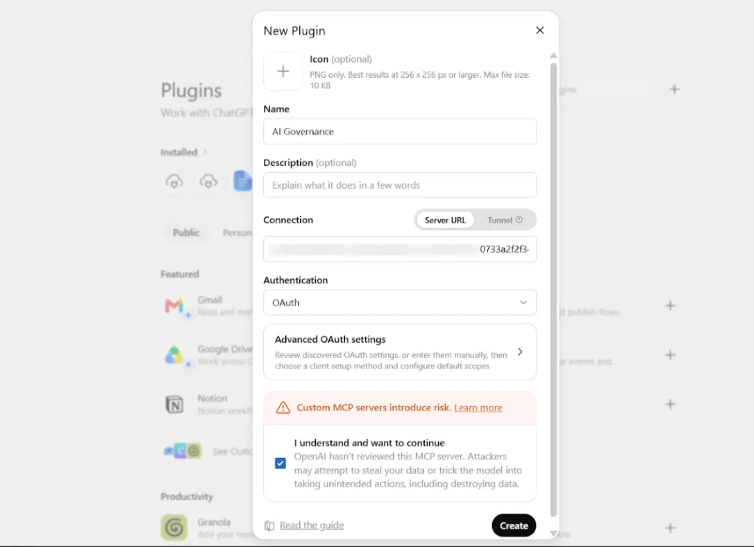 Claude Add custom connector screen — paste MCP server URL in Server URL field