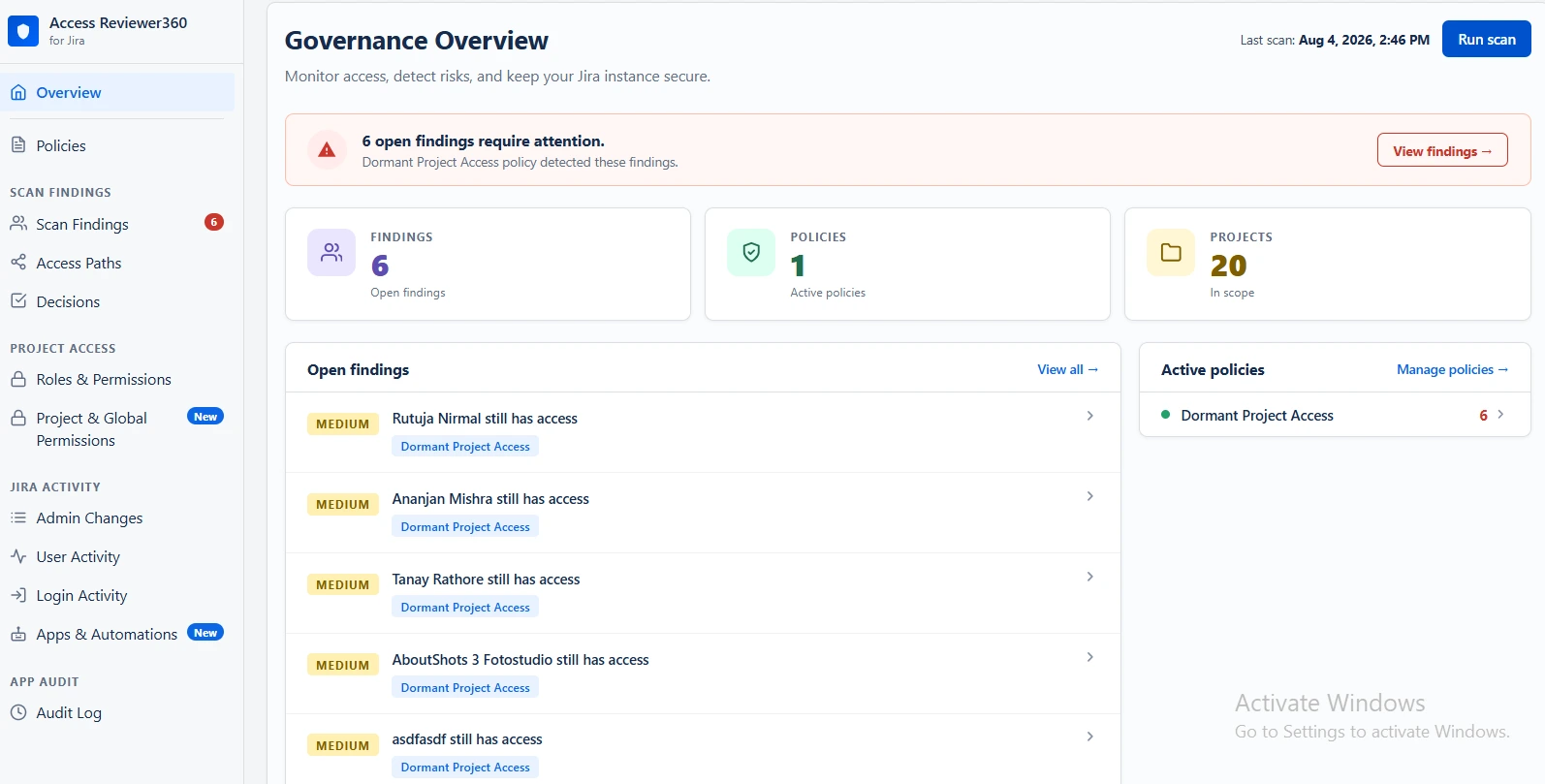 Access Reviewer360 Overview after first scan