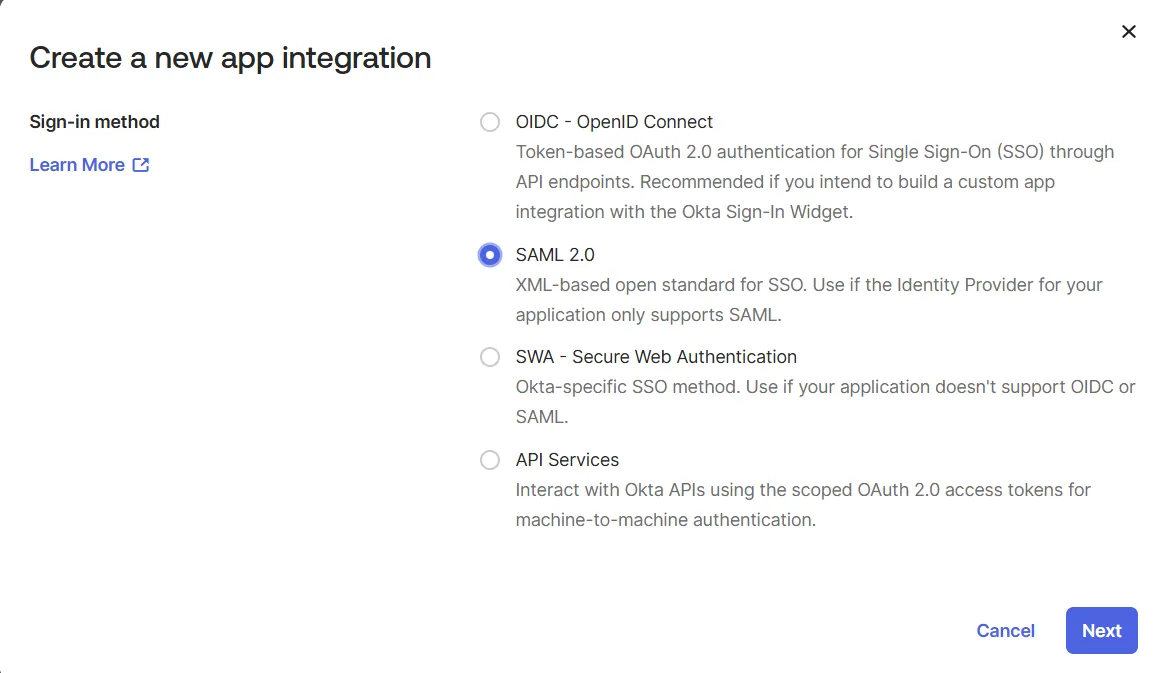 New App Integrations Sign In Method