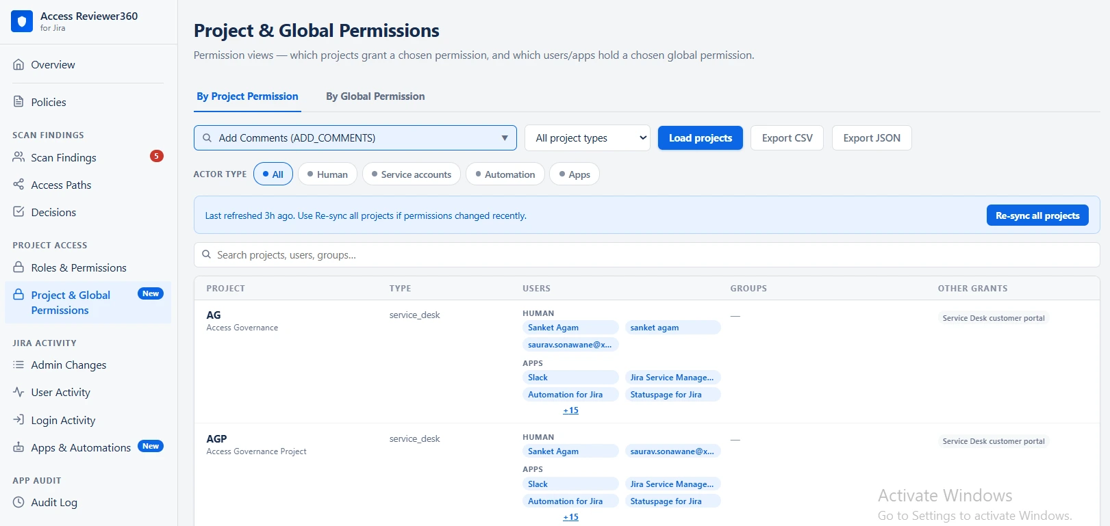 Access Reviewer360 Project and Global Permissions