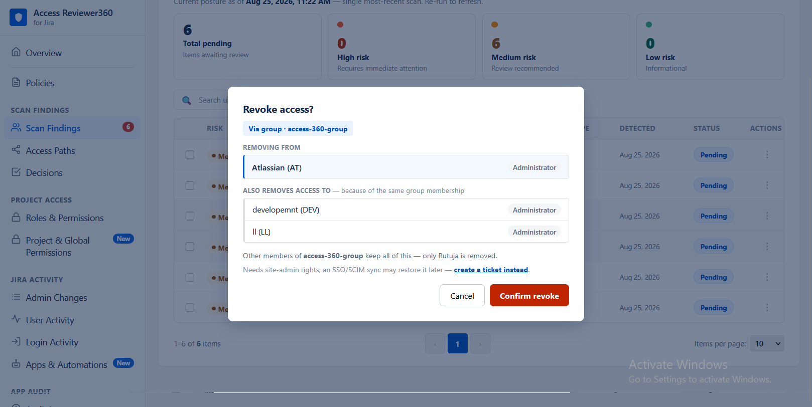 Access Reviewer360 Revoke access confirmation popup