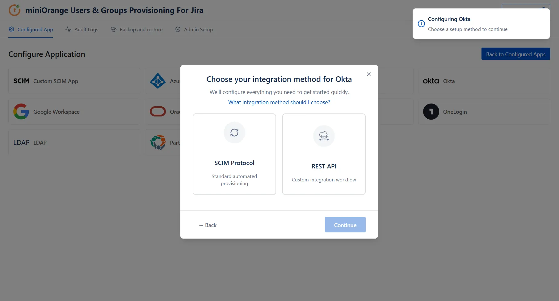 Choose Integration Method for Okta