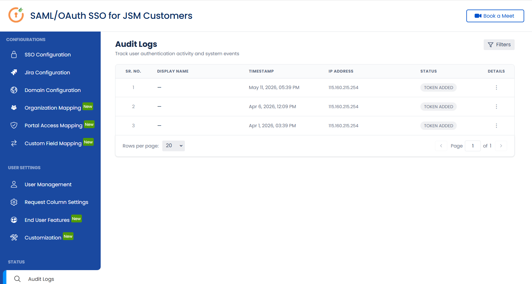 The Audit Logs tab showing the chronological event table with display name, timestamp, IP address, and status columns