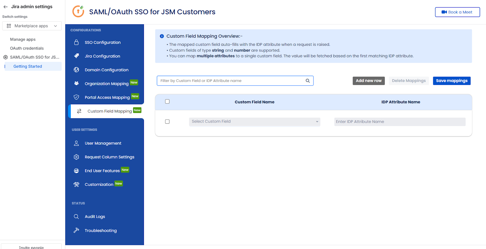 The Custom Field Mapping tab showing mapping rows with Jira custom fields and corresponding IdP attribute names