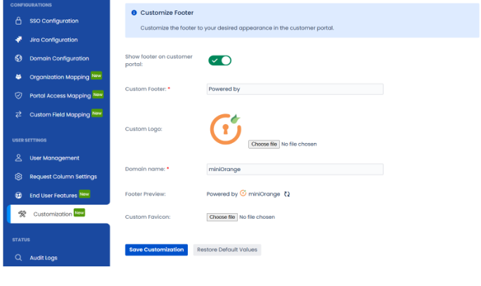 The Customisation tab showing the Customize Footer and Help Center Branding sections