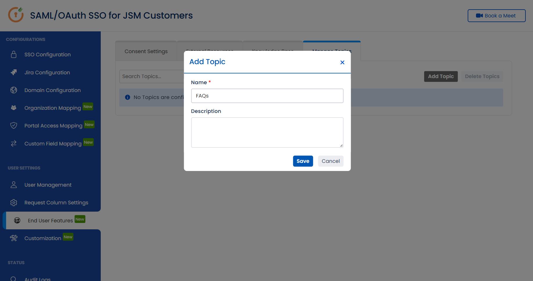 Adding a new topic in the Manage Topics tab
