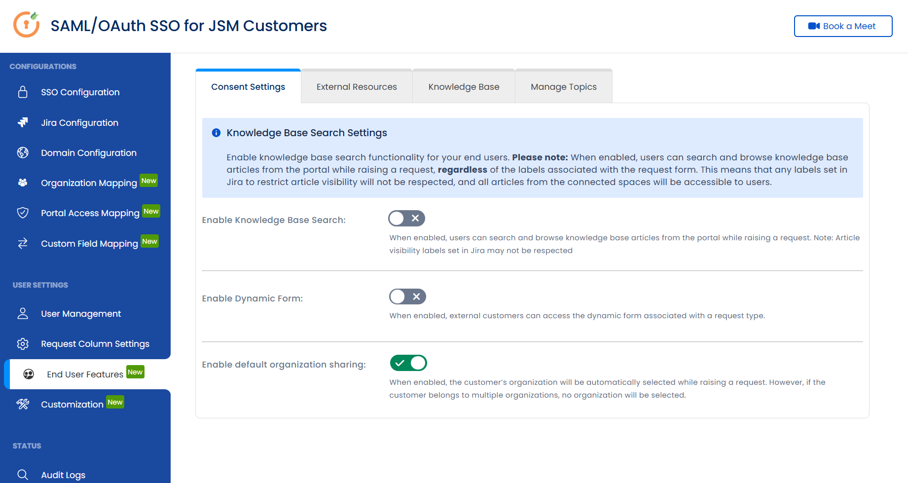 The Consent Settings tab showing the Knowledge Base Search and Dynamic Forms toggles
