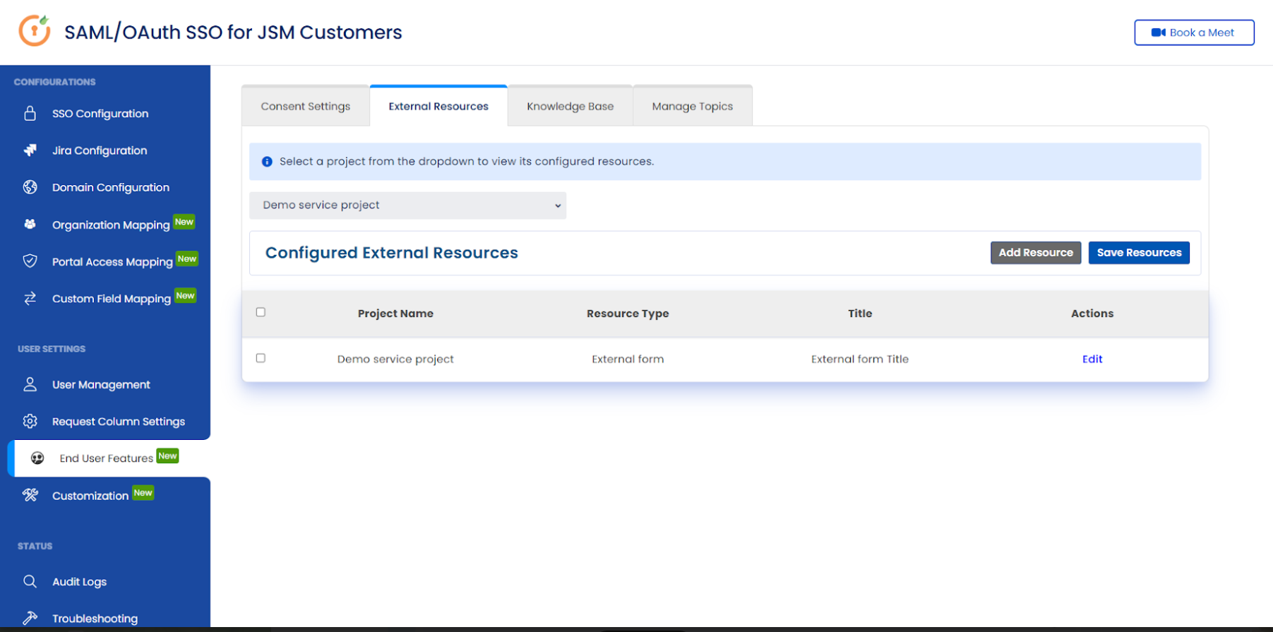 The External Resources tab showing project-level resource configuration