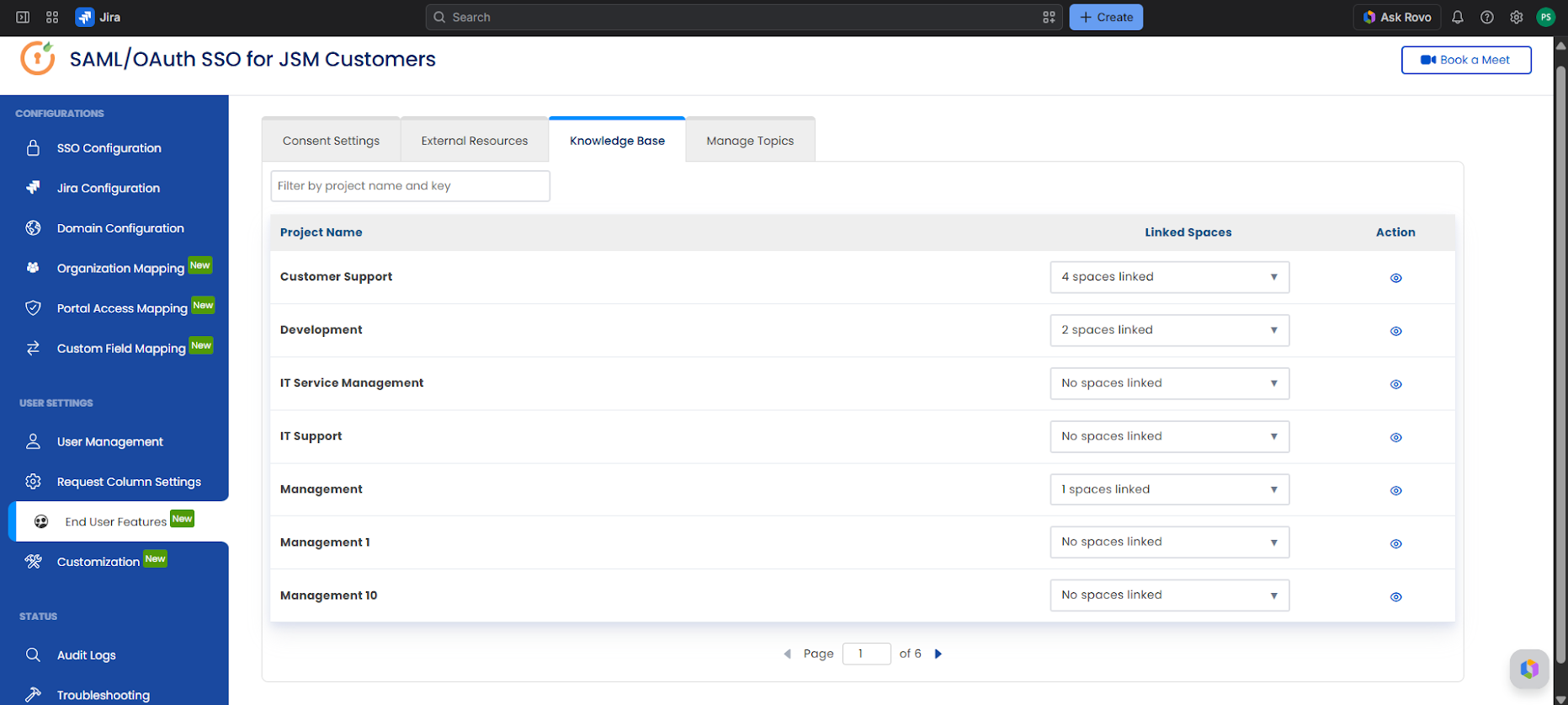 Linking Confluence spaces to a JSM project in the Knowledge Base tab