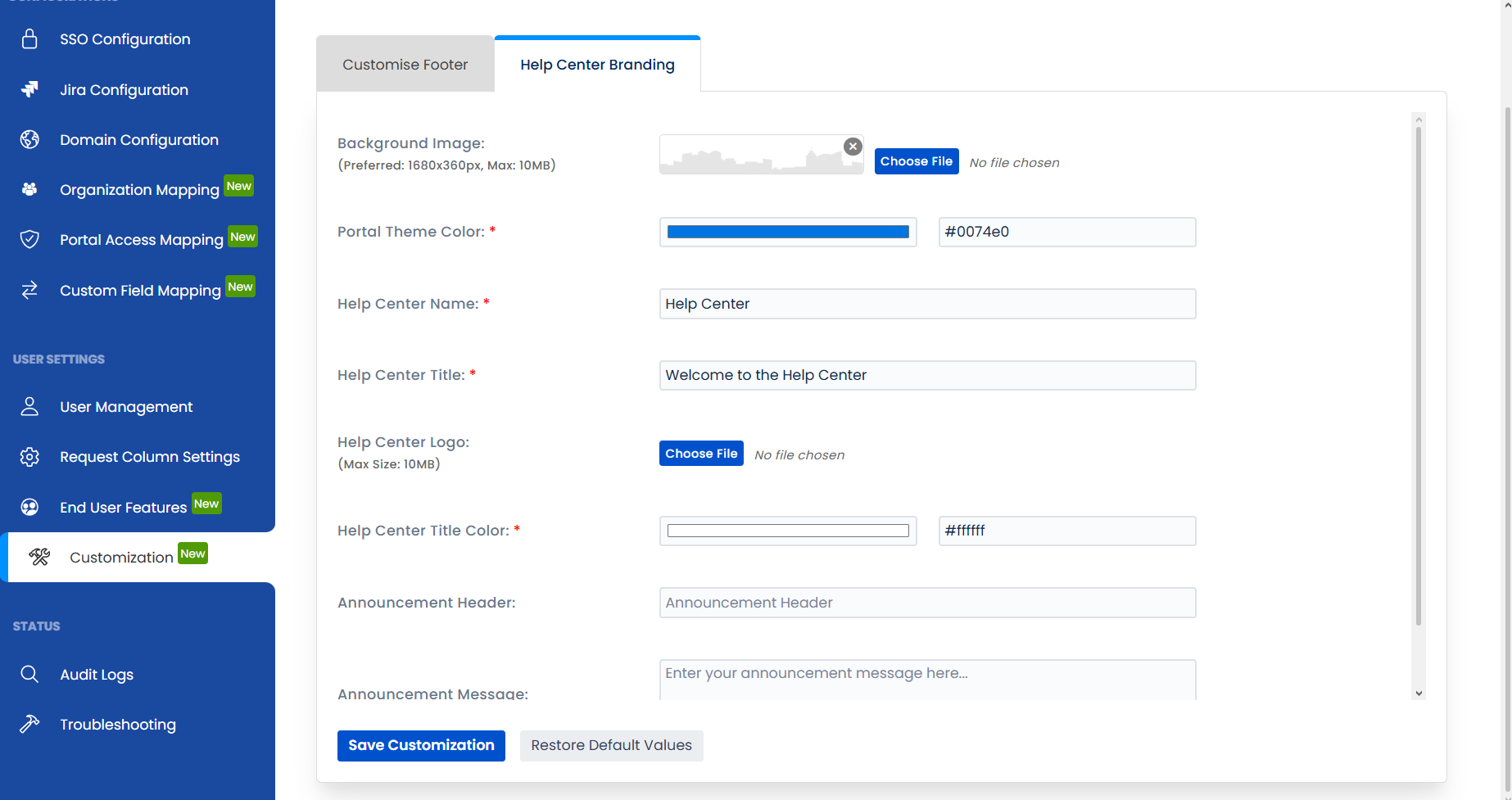 The Help Center Branding customization section in the Customisation tab