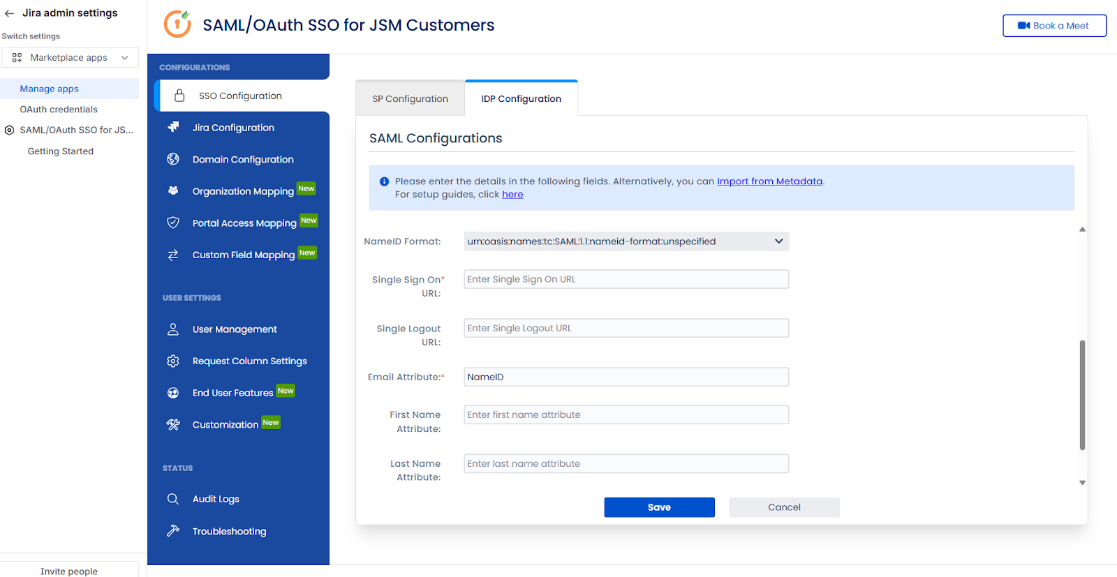 The IDP Configuration tab where IdP metadata is entered or auto-imported