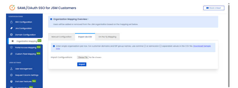 The Import via CSV section in the Organization Mapping tab