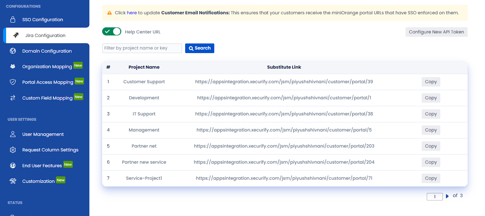 The Jira Configuration tab showing the Help Center URL table and substitute link management