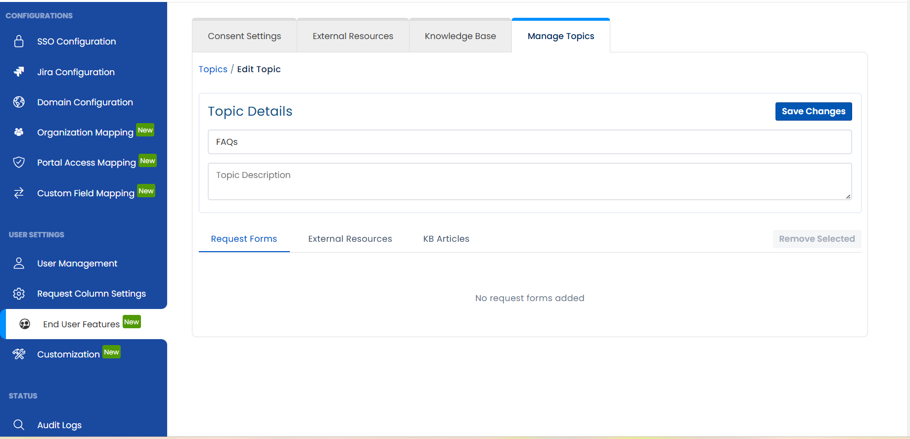 Managing topics in the Manage Topics tab