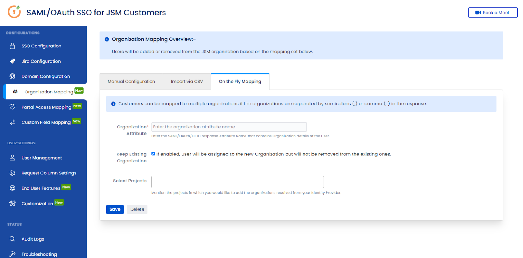 The On-the-Fly Mapping section in the Organization Mapping tab