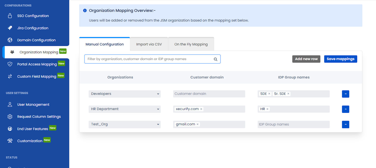 The Organization Mapping tab showing the three configuration methods available