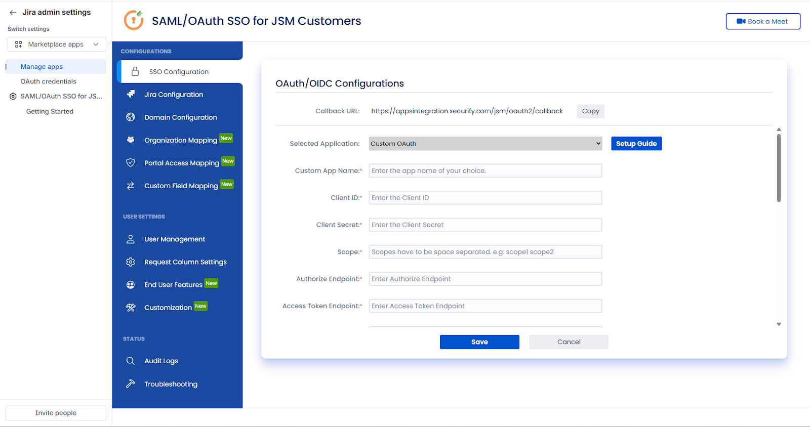 The OAuth/OIDC Configuration screen with provider information and client credential fields