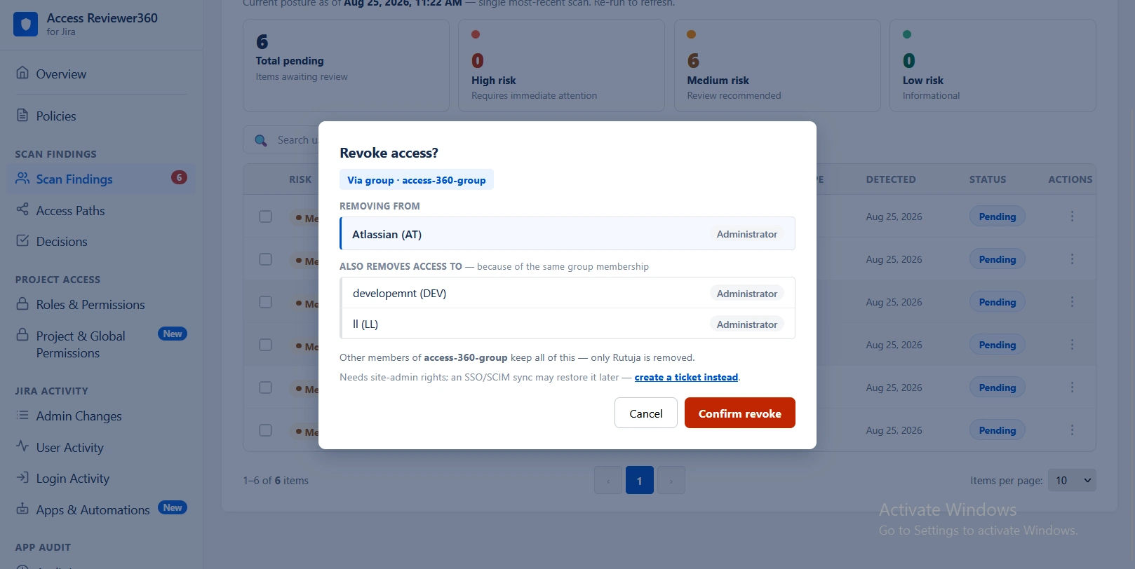 Access Reviewer360 Scan Findings page