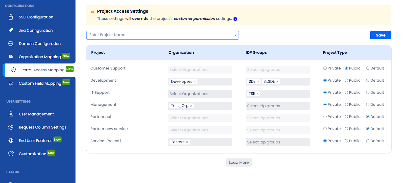 The Portal Access Mapping tab showing project visibility controls with Organisation and IdP Group columns