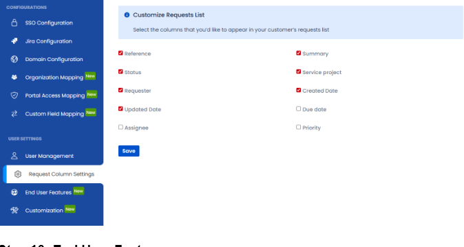 The Request Column Settings tab showing column checkboxes for the customer portal request view
