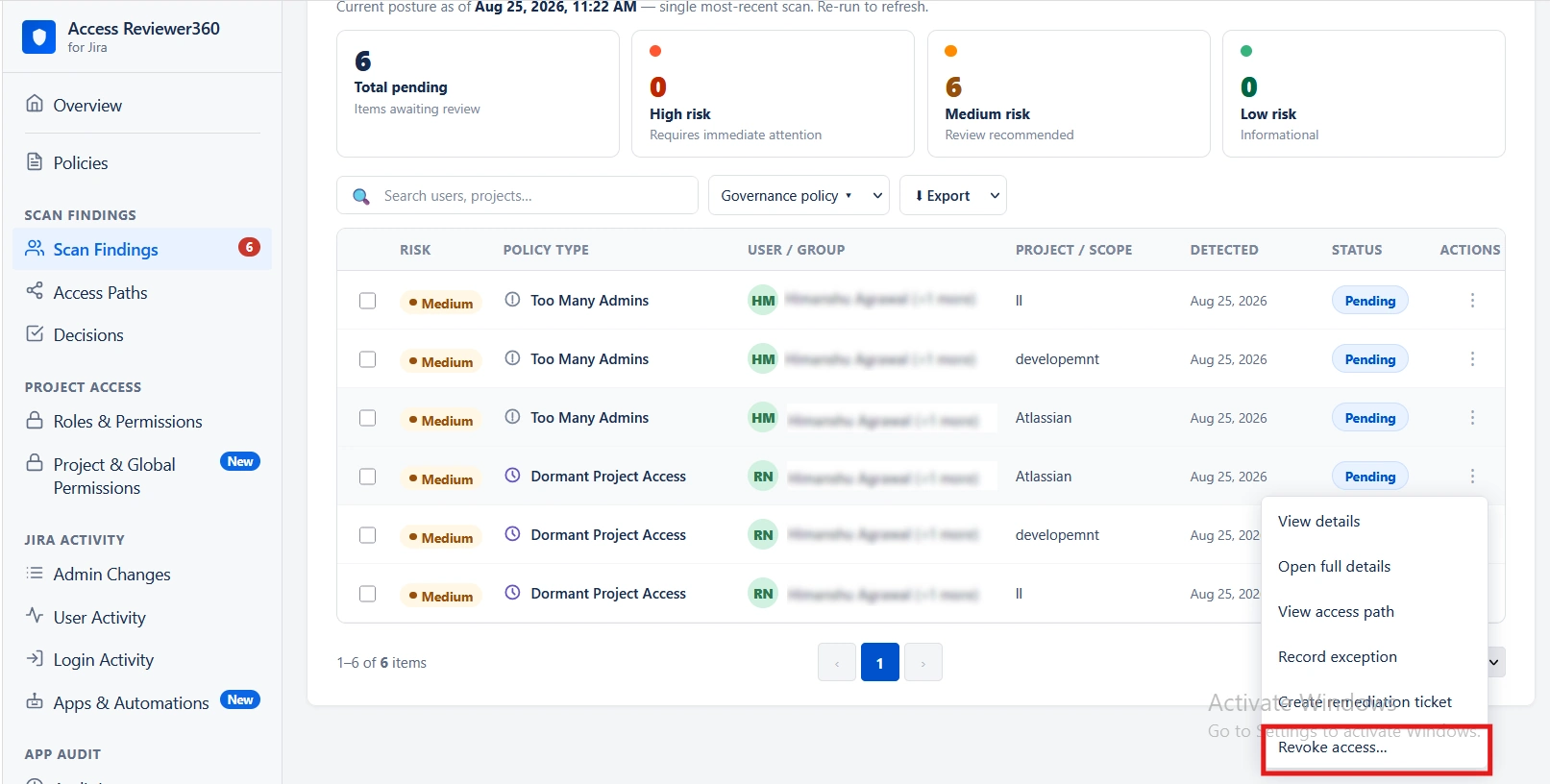 Access Reviewer360 Scan Findings page