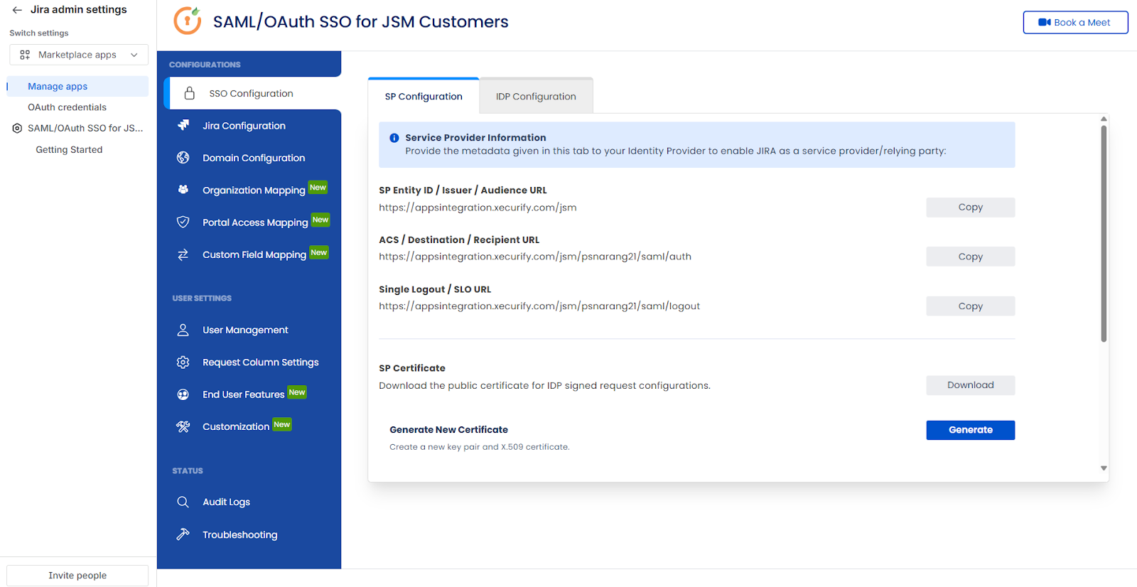 The SP Configuration tab showing metadata values to copy into your Identity Provider