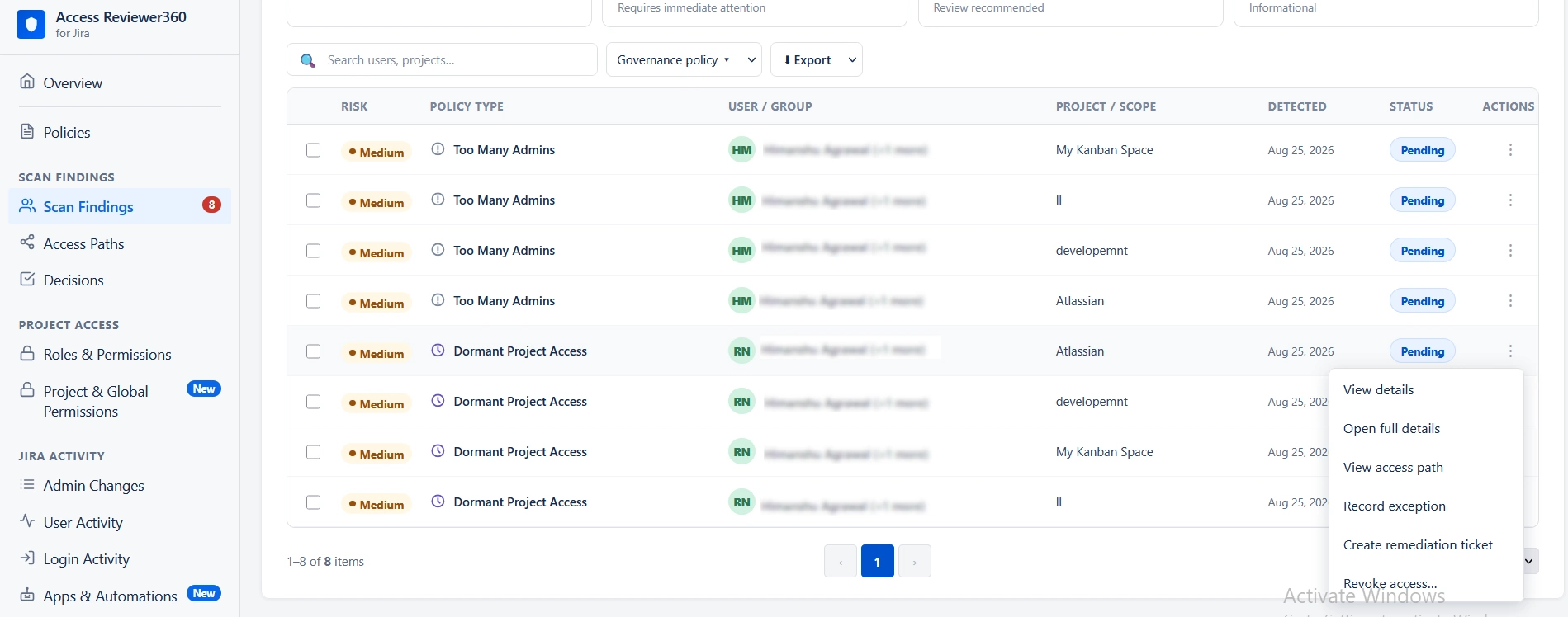 Access Reviewer360 Scan Findings page