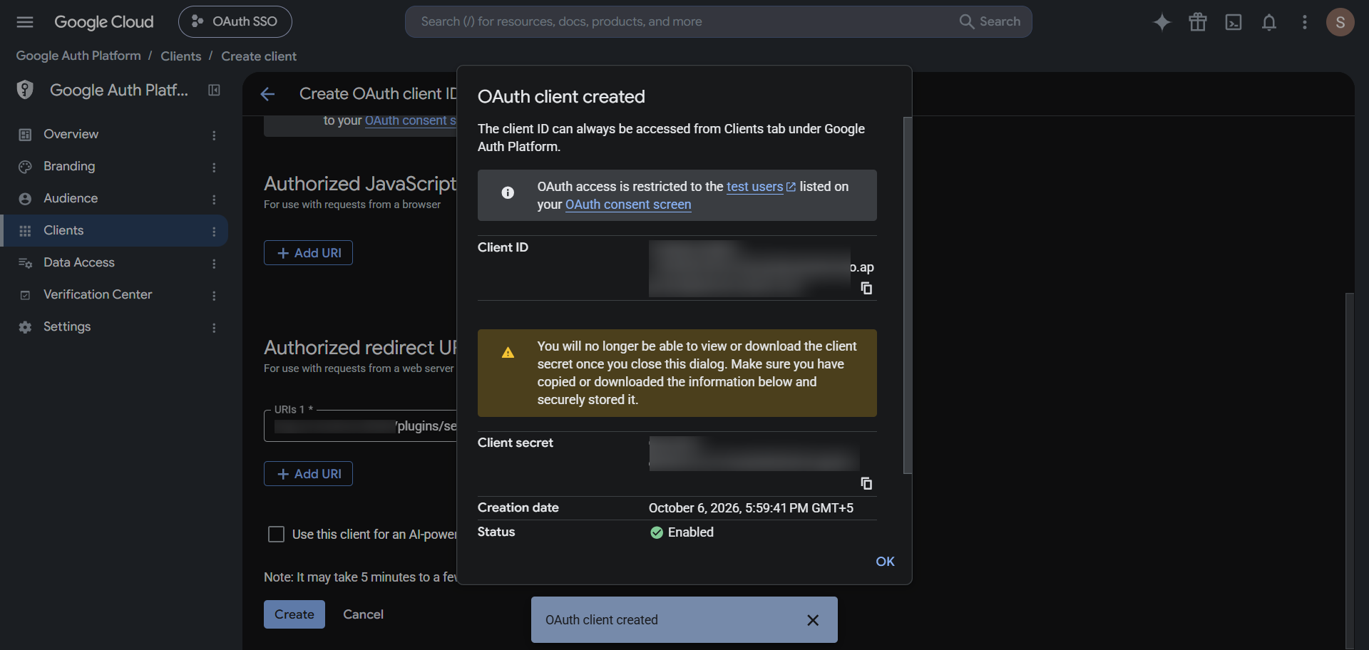 OAuth/OpenID/OIDC Single Sign On (SSO), Google Apps SSO Login Copy OAuth Client Secrets