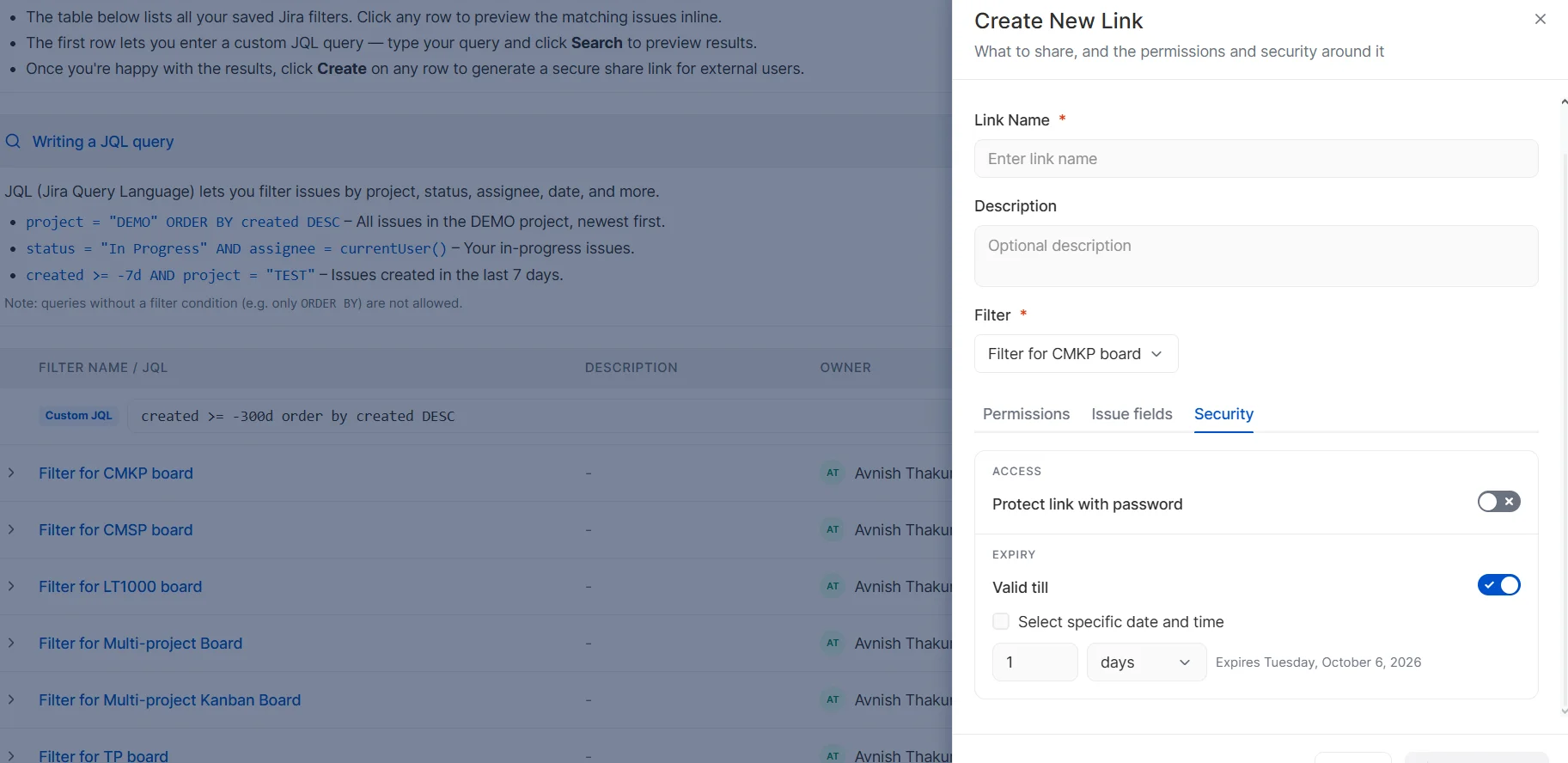 Configure filter share link