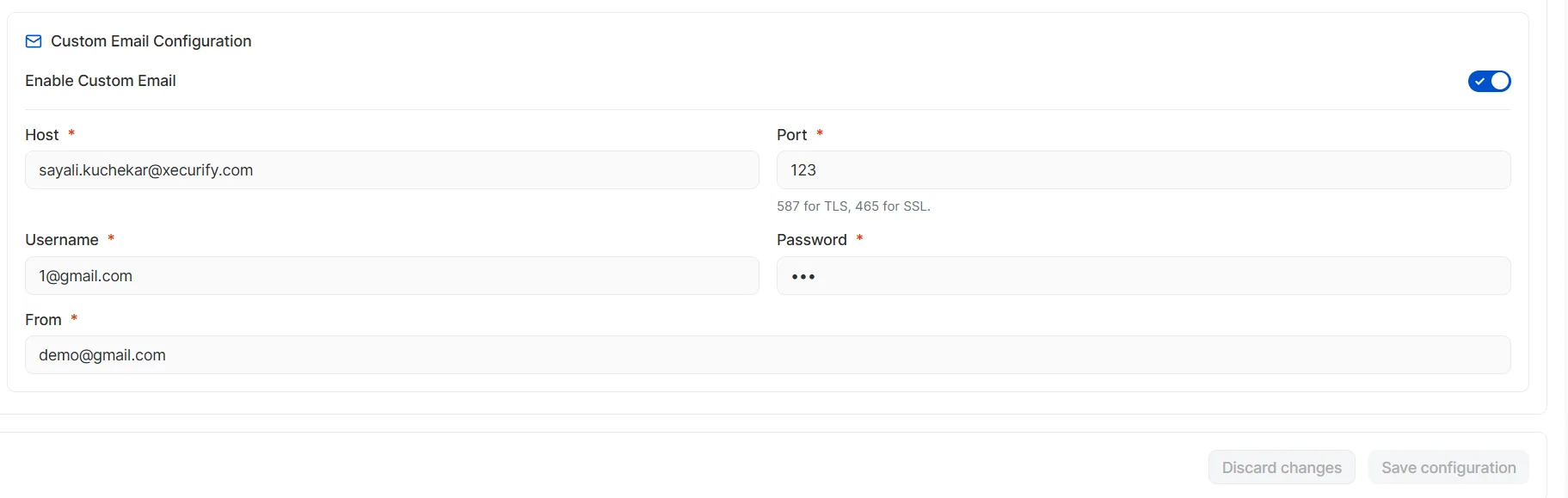Custom email configuration
