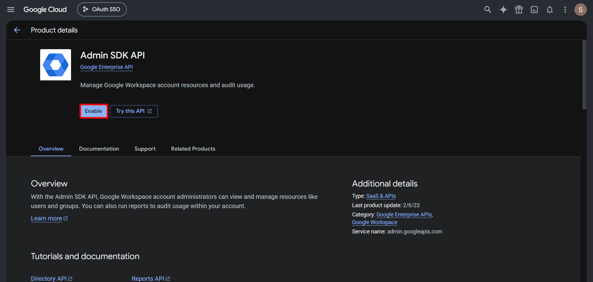 OAuth/OpenID/OIDC Single Sign On (SSO), Google Apps SSO Login Enable Admin SDK in Google Cloud Console
