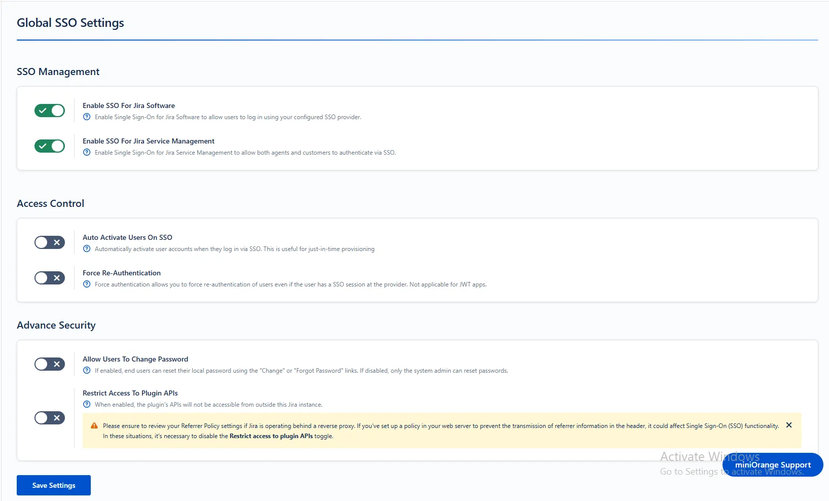Jira OAuth Global SSO Settings