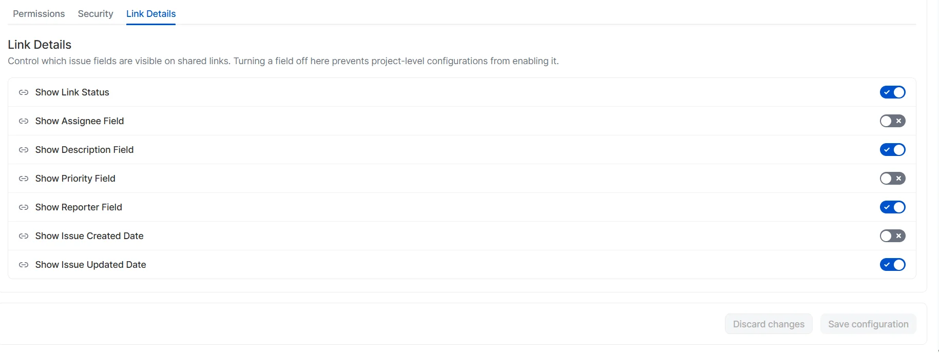 Link Details tab in default configurations