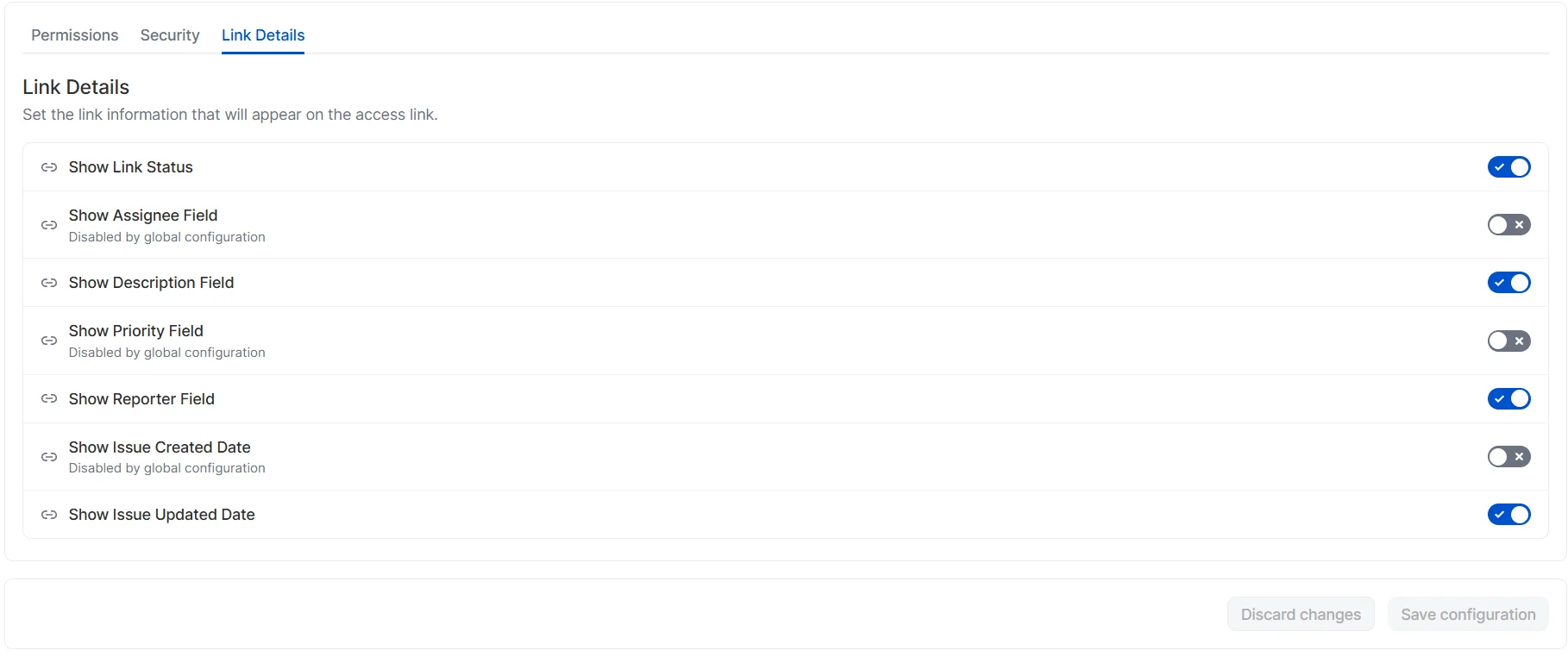 Link Details tab in default configurations