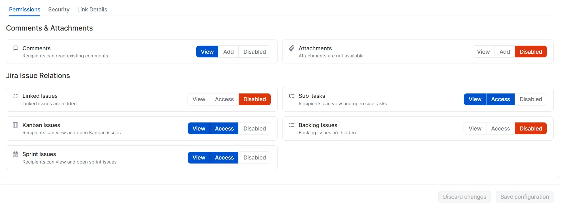 Permissions tab in default configurations