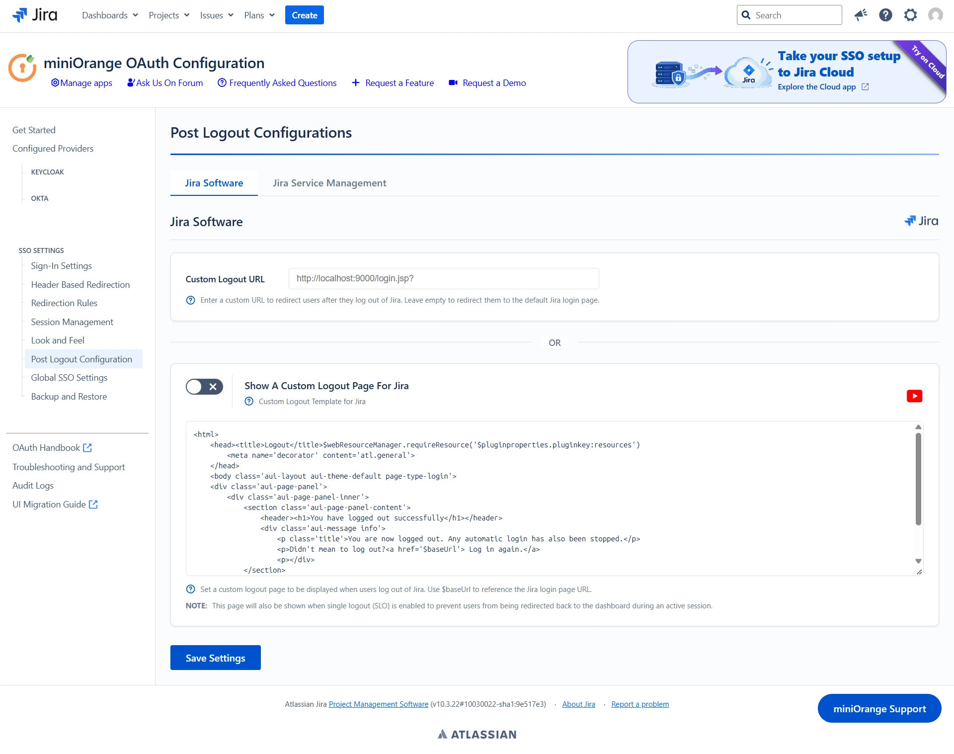 Jira OAuth Post Logout Configuration