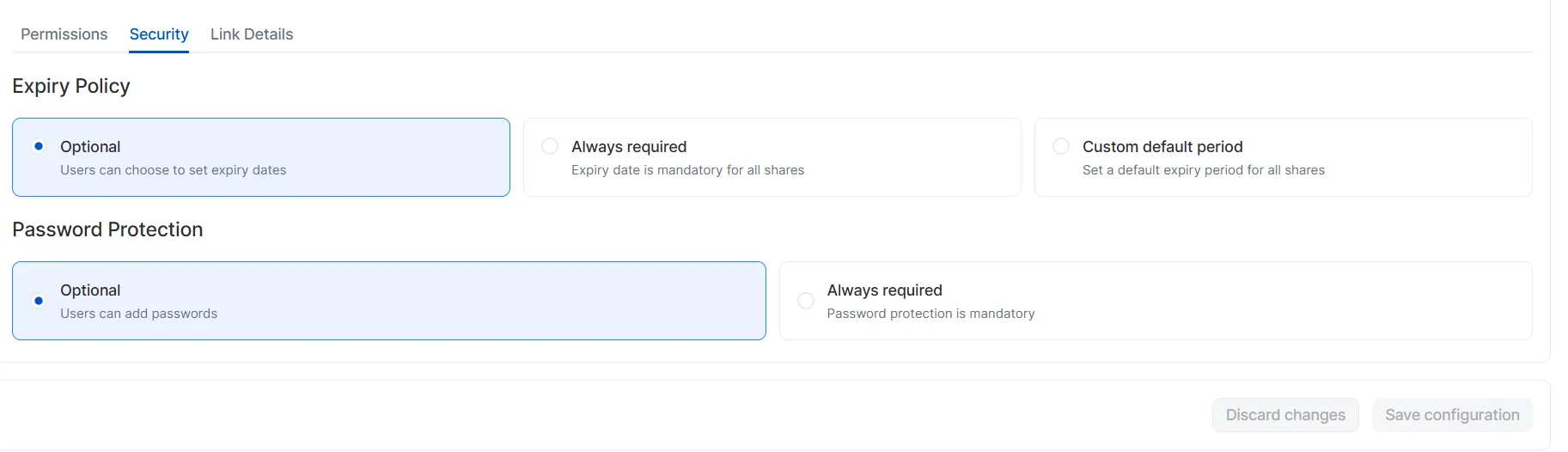 Security tab in default configurations