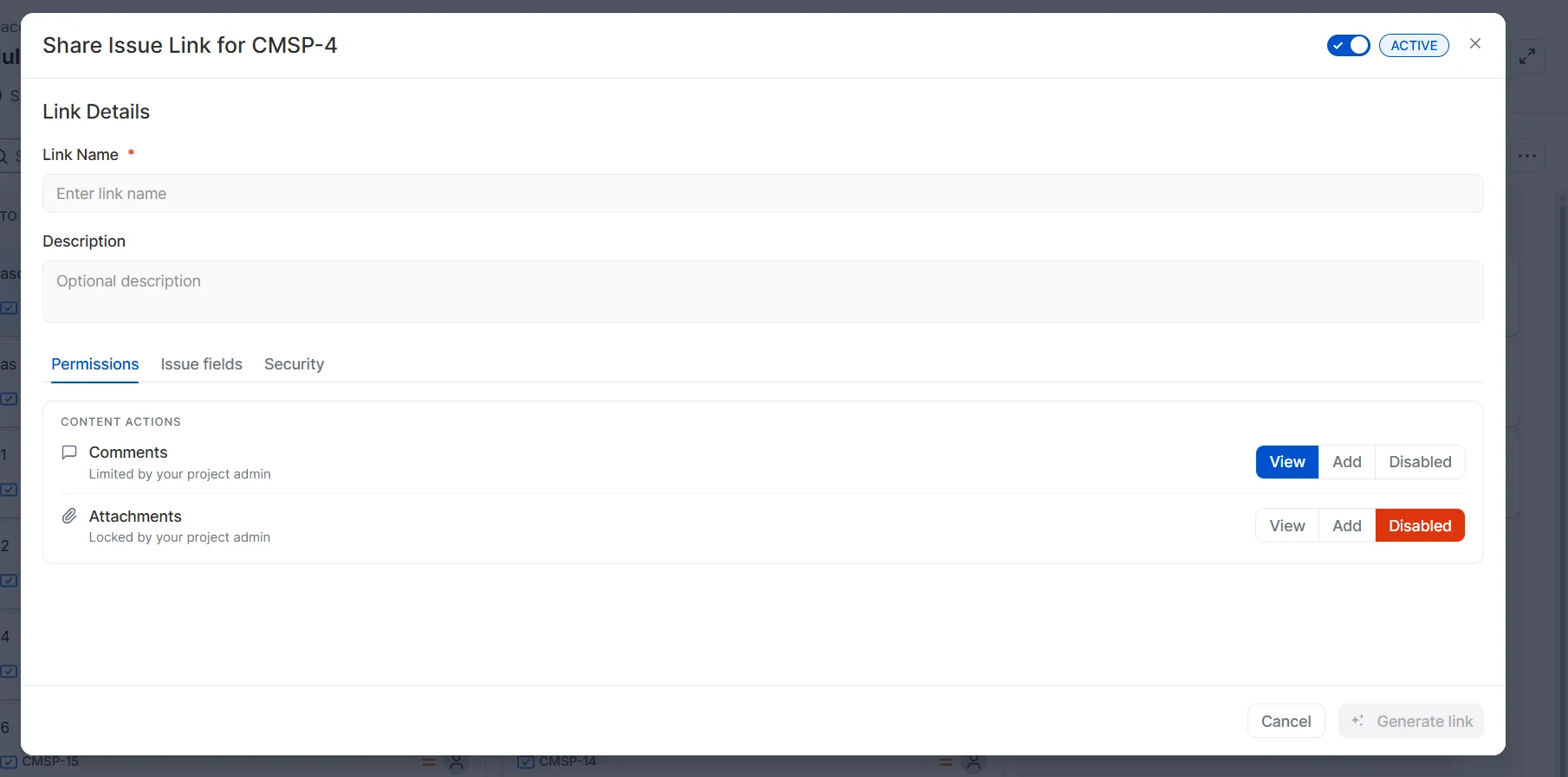 Permissions tab in Secure Share link settings