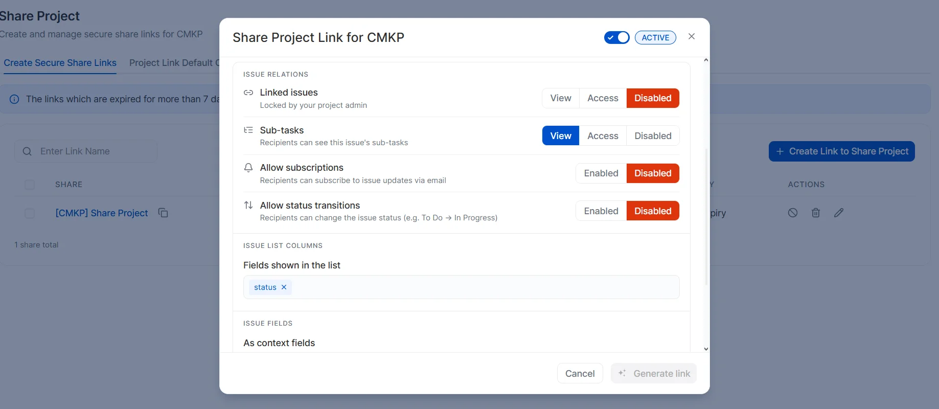 Configure Share Project Link settings