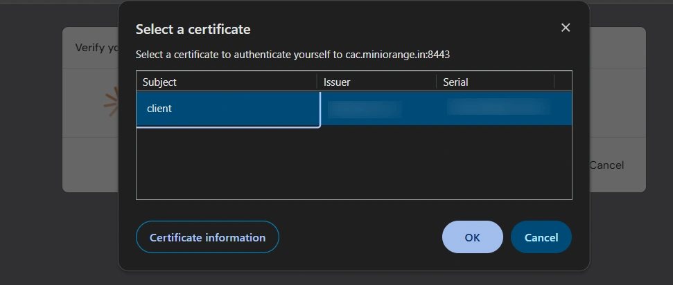 Selección de certificado de cliente del navegador
