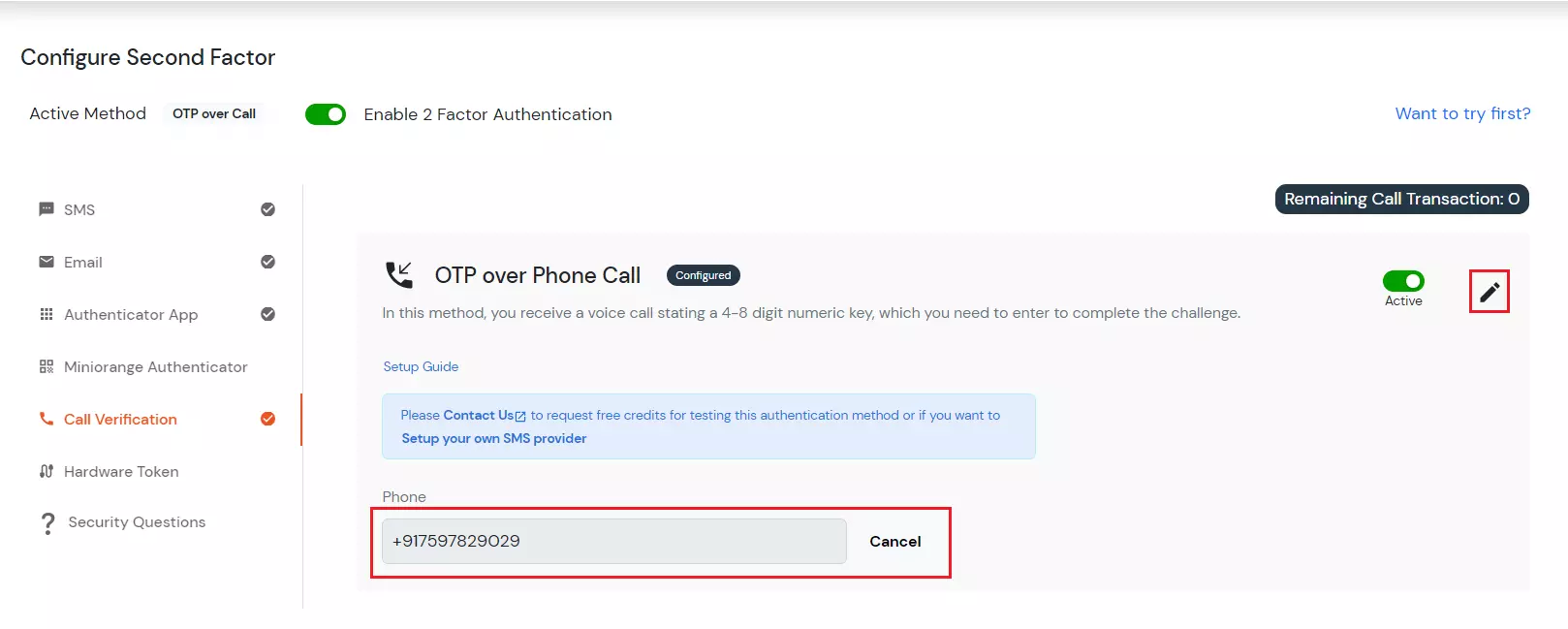 Select Phone Verification 2FA method for admin system