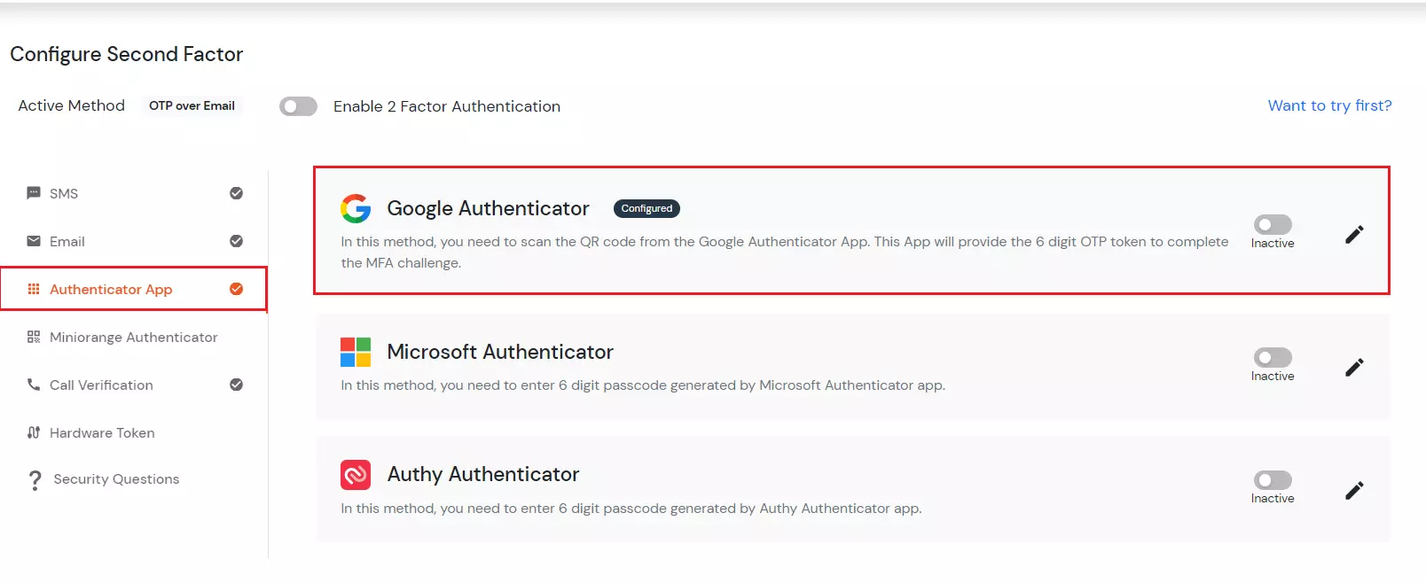 select GOOGLE AUTHENTICATOR method