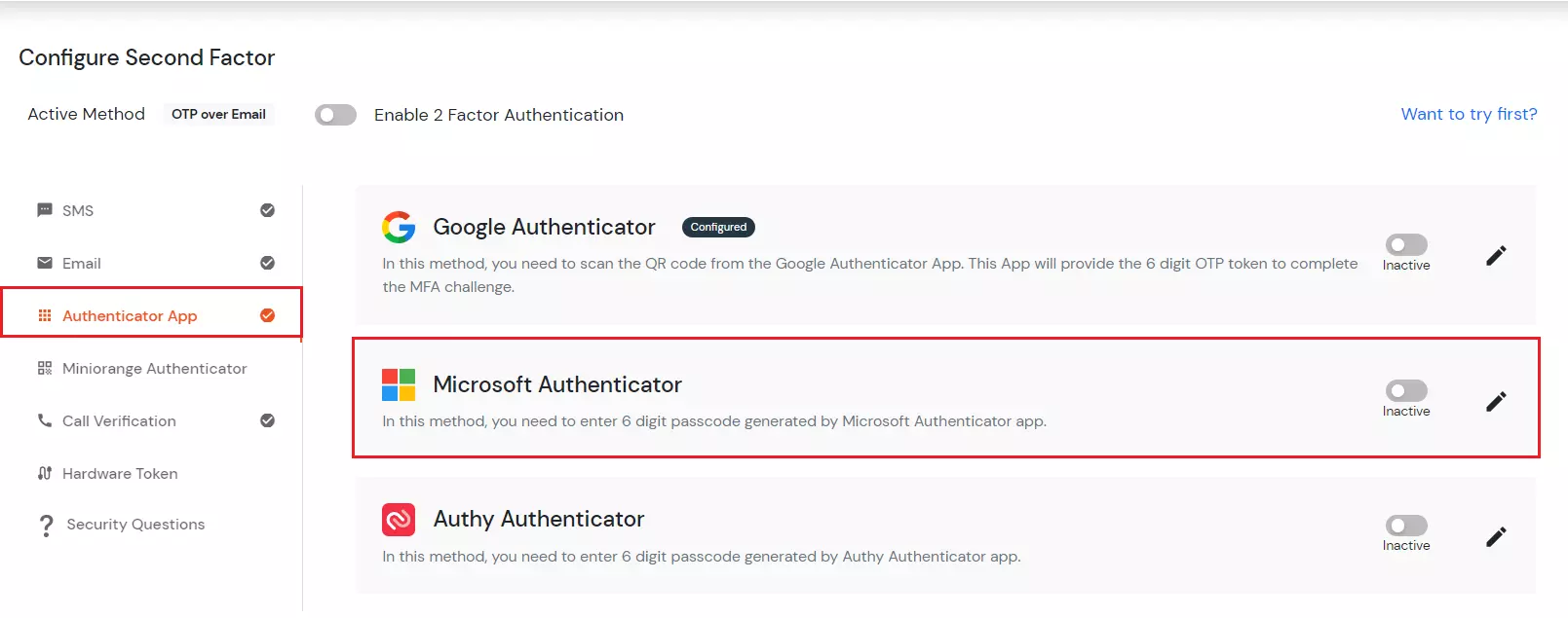 select Microsoft AUTHENTICATOR 2FA method