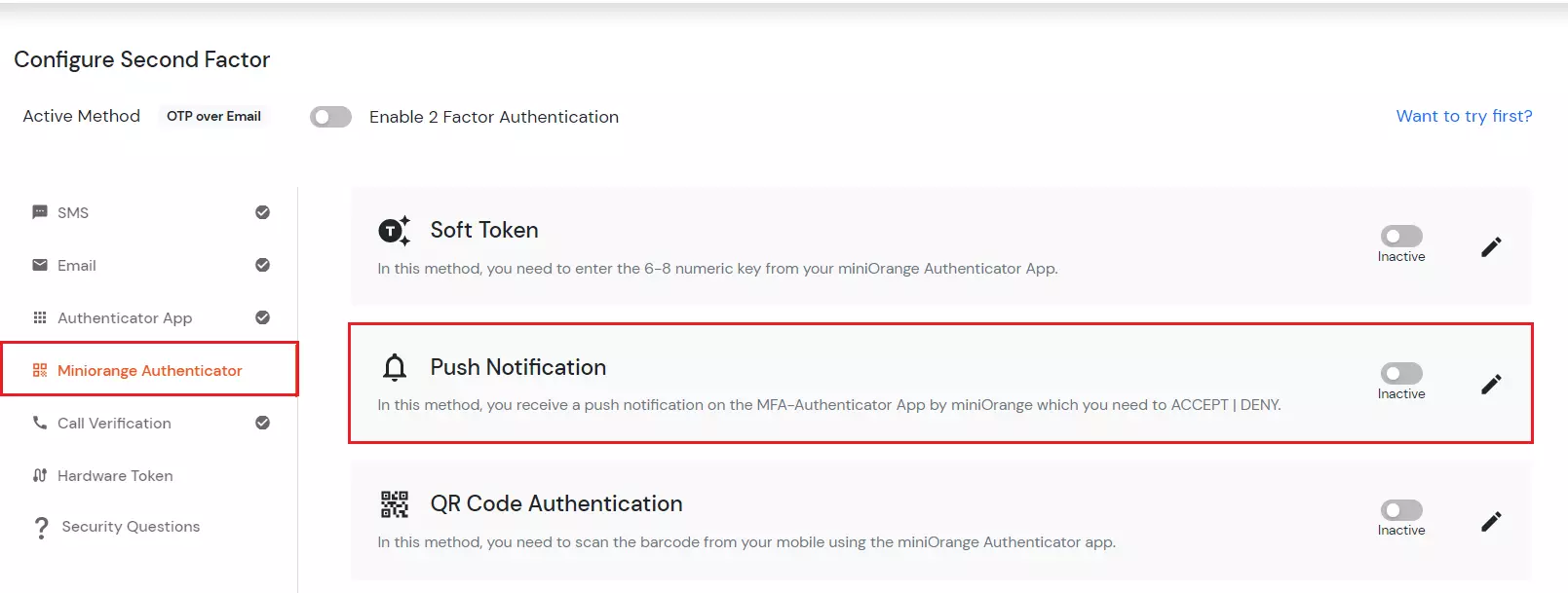 select PUSH NOTIFICATION 2FA method