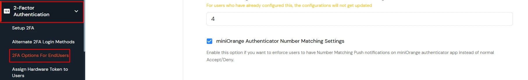 miniOrange Authenticator Number Matching Settings
